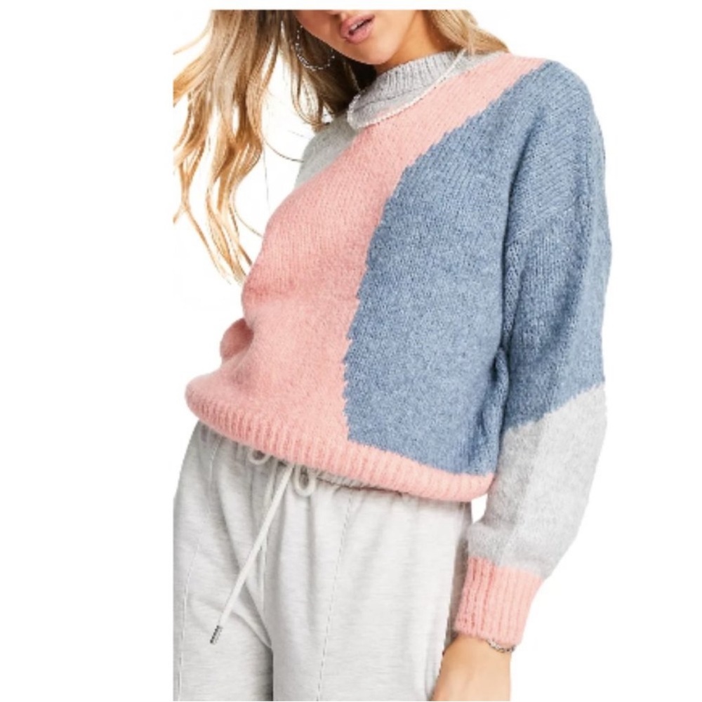 Topshop Pink and Blue Colorblock Turtleneck Sweater